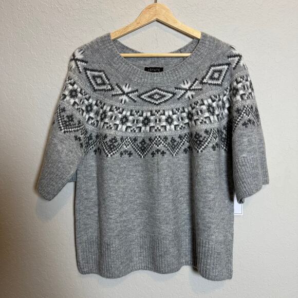 1 State Women's Nordic Fair Isle Style Short Sleeve Pullover Gray Sweater XL NEW - Picture 2 of 7